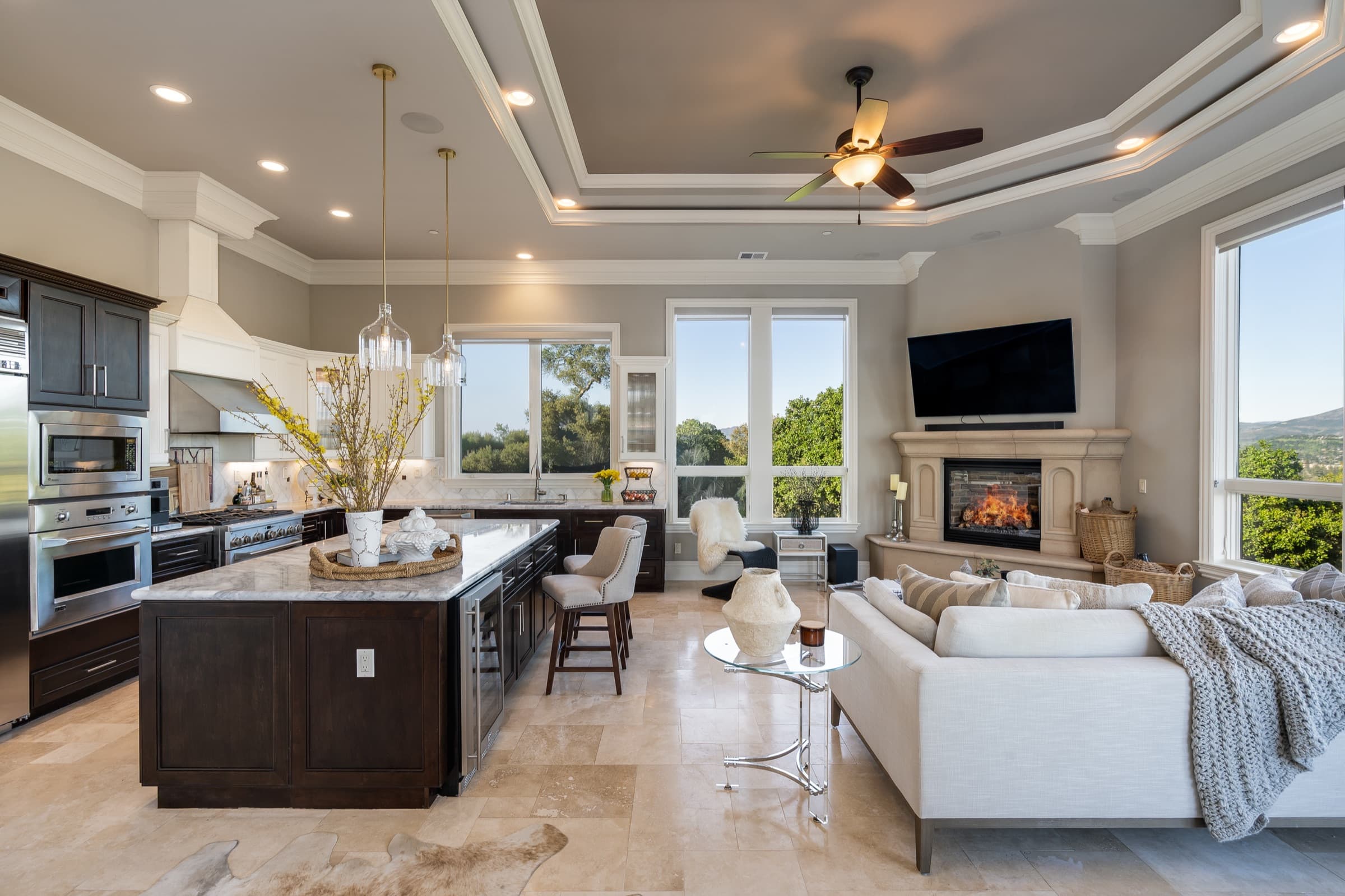 The kitchen island opening to the family room.